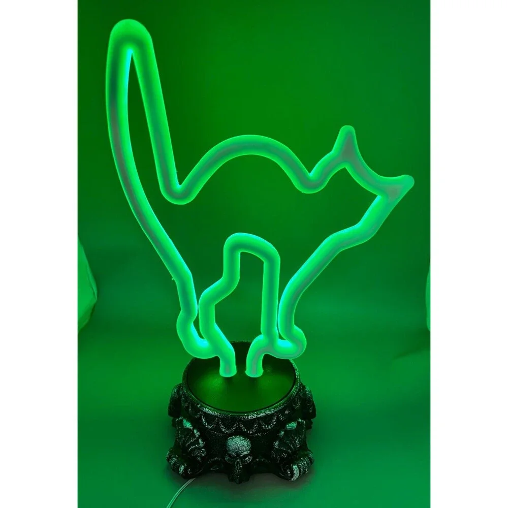 Halloween Spooky Cat Neon Lamp Desk Light Green Battery Operated Party Decor EUC